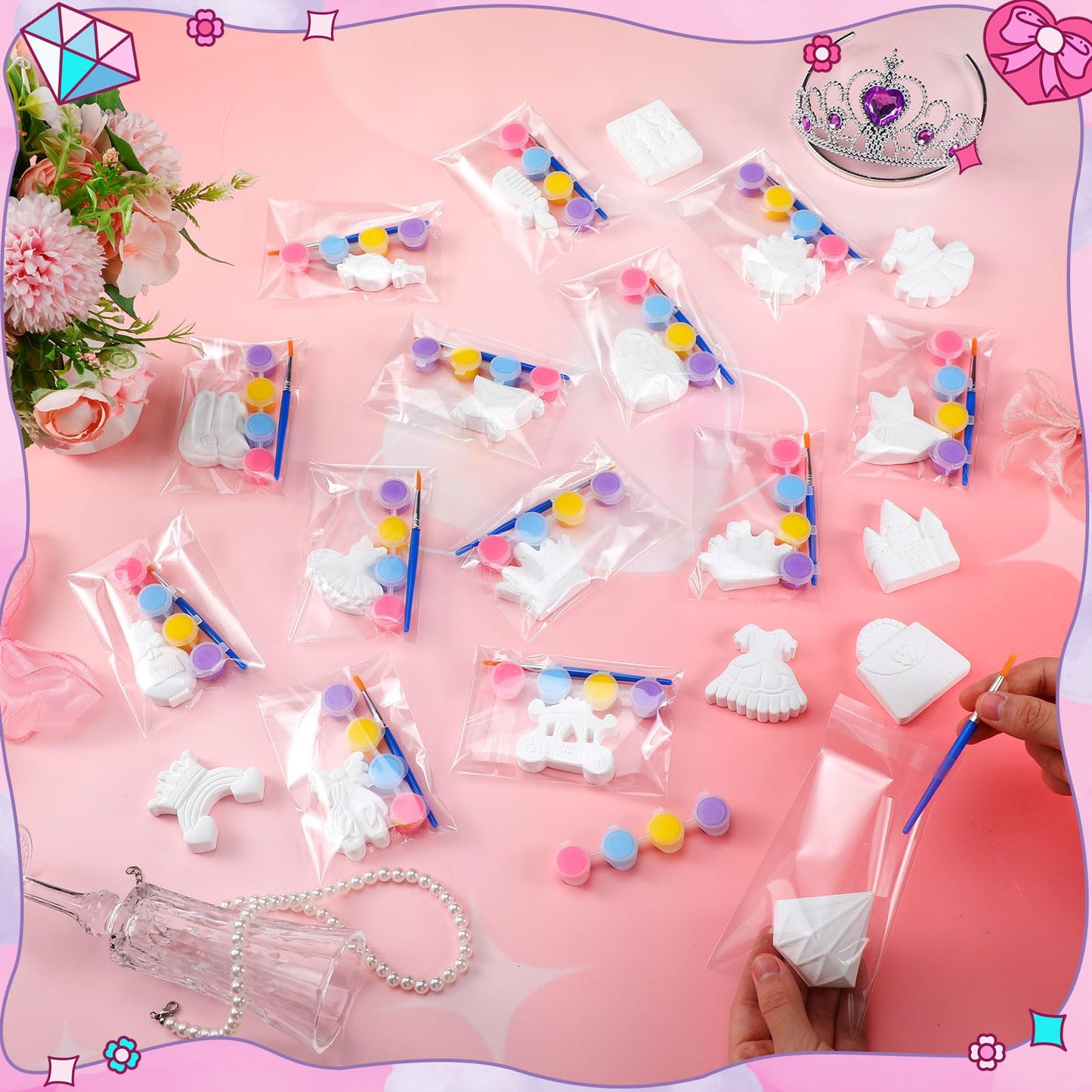 JellyArch 20 Set Princess DIY Painting Kit Ceramic to Paint Your Own Princess Rainbow Castle Statues Unpainted Plaster Figurines Brushes Acrylic Paints Bags Party Favor for Adults
