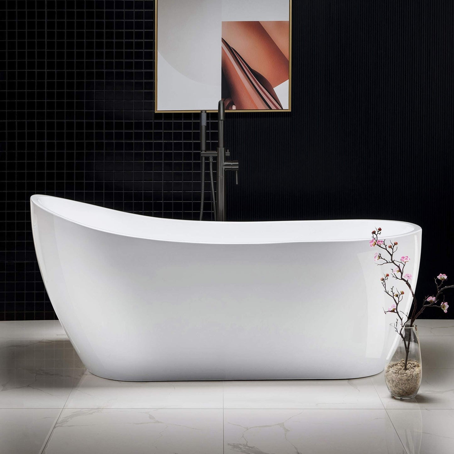 WOODBRIDGE 67" Acrylic Freestanding Bathtub Contemporary Soaking White Tub with Matte Black Overflow and Drain，B0001 -MB-Drain &O
