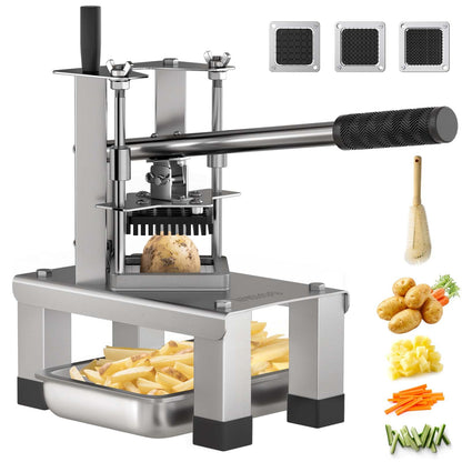 ARINOO Commercial French Fry Cutter and Vegetable Dicer with 3 Stainless Steel Blades – 3/8", 1/2", 1/4" – Heavy Duty Stainless Steel Potato Slicer for Home and Restaurant Use