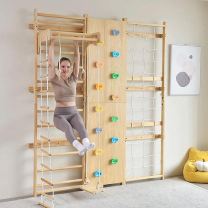 Avenlur Walnut 9-in-1 Swedish Ladder Wall Gym Set - 78.8 Inches - Trapeze Swing, Rope Ladder, Rock Wall, Rope Wall, Rock Ramp Climber, Slide, Pull-up Bar, Ladder and Swing