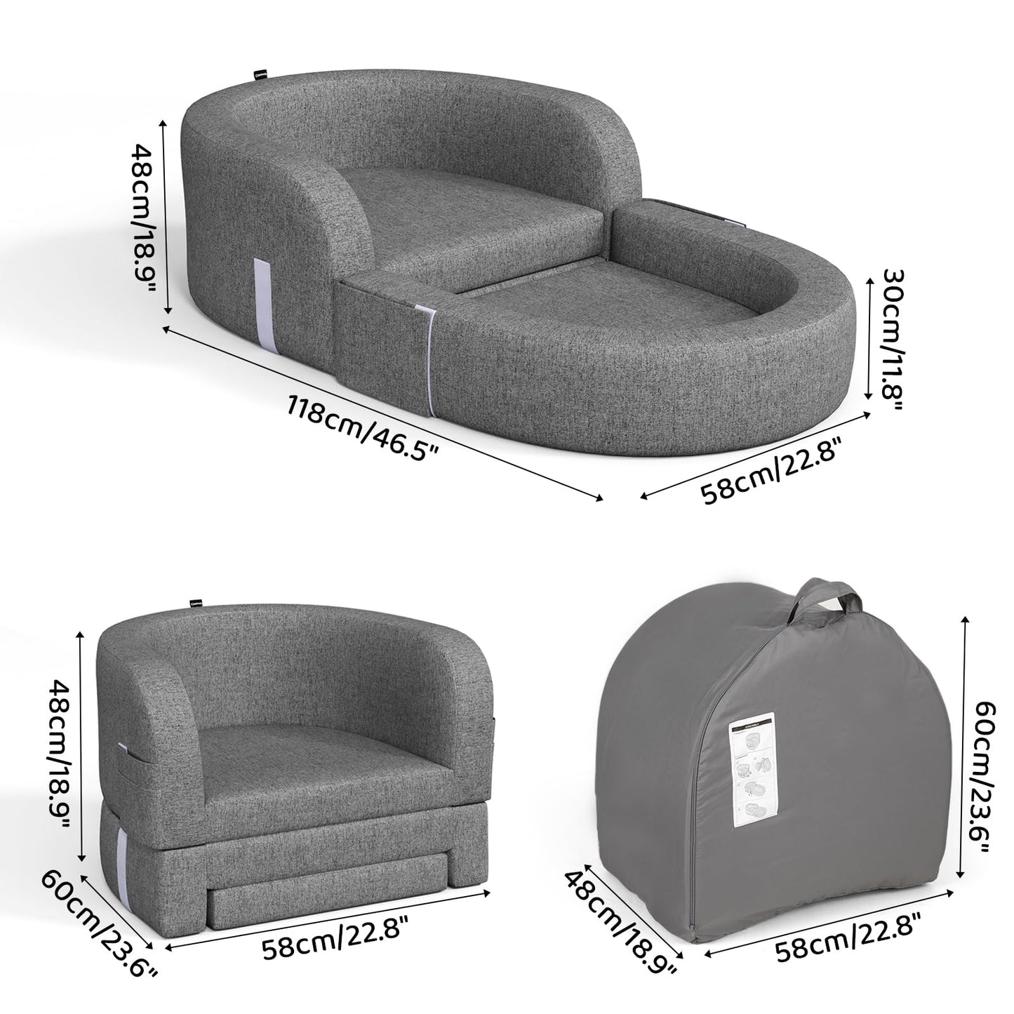 Cowiewie Toddler Travel Bed 2-in-1 Kids Sofa Chair with Removable Cover, Soft Foam Portable Foldable Toddler Bed for Travel with Carrying Bag