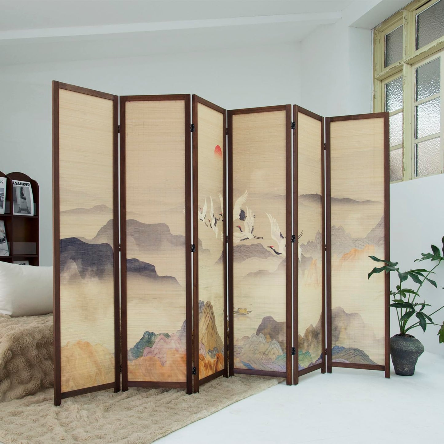 Furnnylane 6 Panel Bamboo Room Divider, 5.6 ft Tall Double-Sided Freestanding Folding Privacy Screen, Premium Thickened Wood Frame with Colorful Landscape Pattern for Home Office (67" H x 94.5" W)