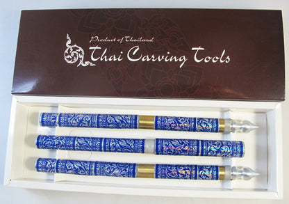 Set 3 Thai Fruit and SOAP Carving Knife Knives Brass Handmade Blue Color