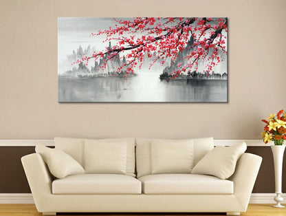 Handmade Traditional Chinese Oil Painting Pink Plum Blossom Canvas Wall Art Modern Black and White Landscape Artwork
