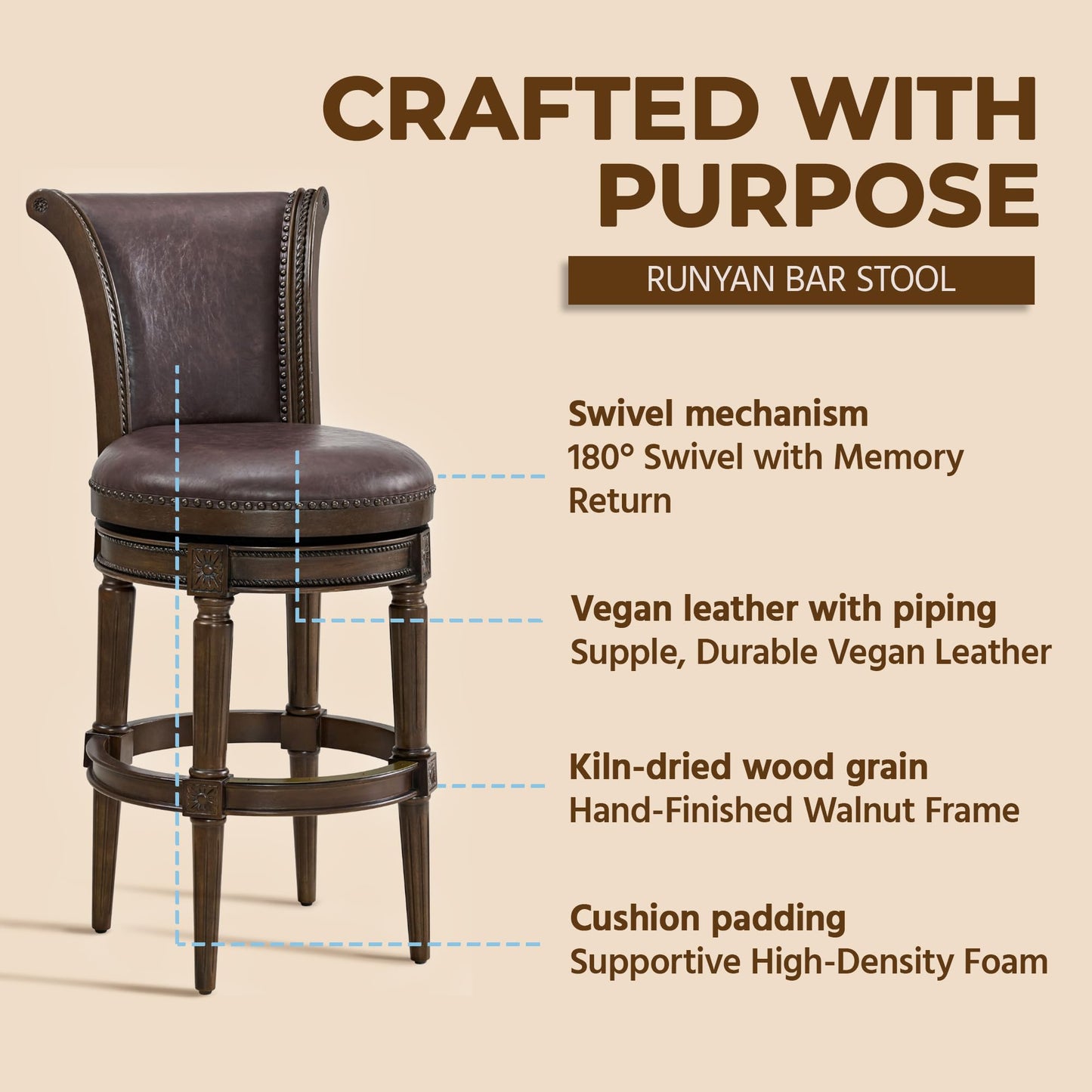 ROME + OAK Runyan 31" Swivel Bar Stool, High Back Barstool in Dark Walnut Finish with Vintage Brown Vegan Leather Seat