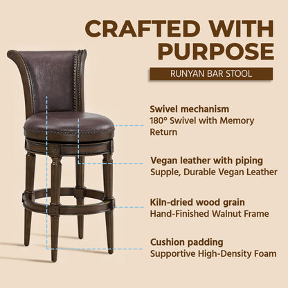 ROME + OAK Runyan 31" Swivel Bar Stool, High Back Barstool in Dark Walnut Finish with Vintage Brown Vegan Leather Seat