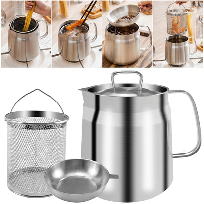 68oz Deep Fryer Pot with Basket and Oil Strainer, Abnaok 304 Stainless Steel Deep Frying Pot for French Fries, Chicken, or Japanese Tempura, Heavy Duty Bacon Grease Strainer