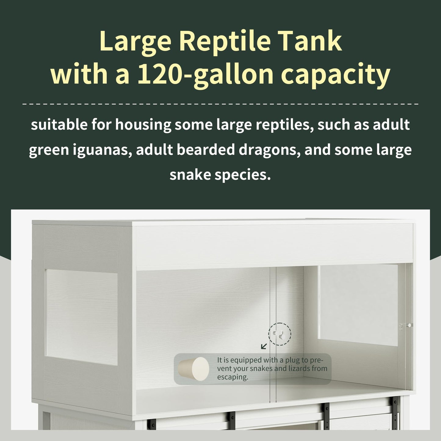 Herture 120 Gallon Reptile Terrarium with Stand, 4x2x2 Bearded Dragon Enclosure for Snakes Lizards, Large Vivarium Tank with Storage Cabinet, Acrylic Doors, Mesh Lid, Power Outlet White PX04RTWW