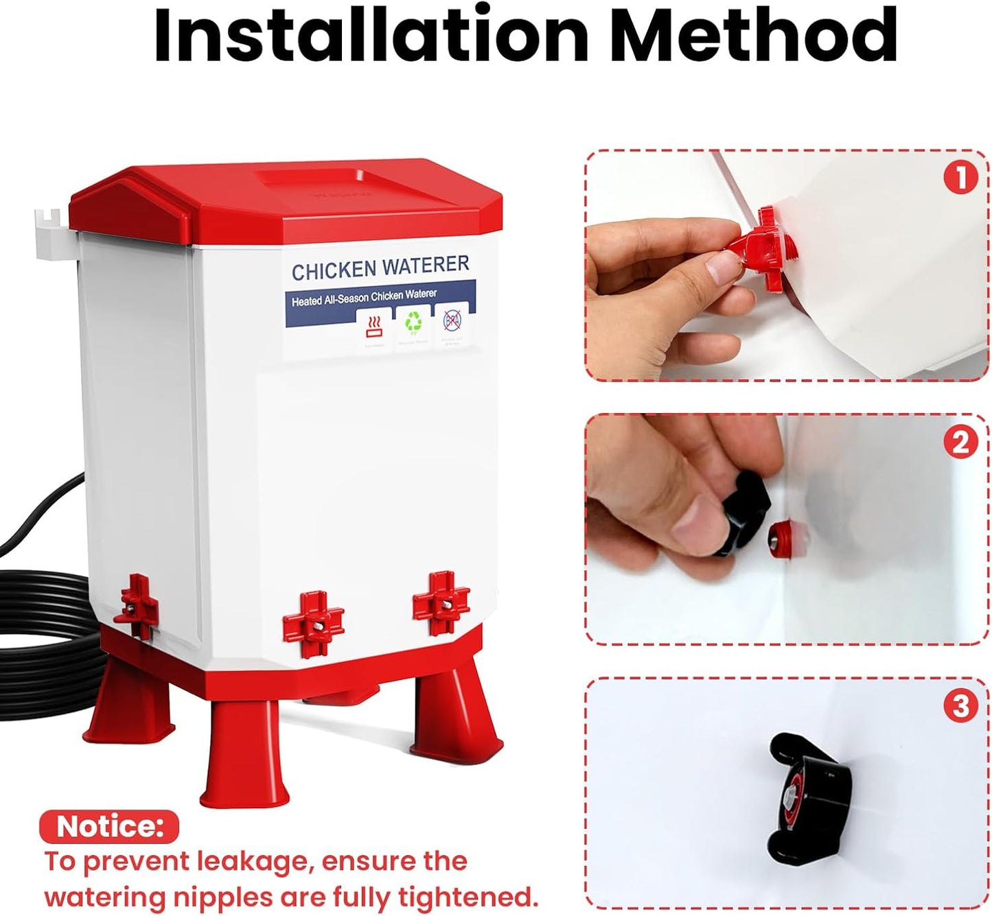 3.2 4 110V Quails,12L (1 Gallon Heated Chicken Waterer with Nipple Drinkers - Adjustable Height, BPA-Free