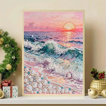 LPDJITO Beach Sunrise Diamond Art Pearl Painting Kit, DIY Pearl Art Painting, Beach Pearl Diamond Painting Kits, Handmade Gem Dot Picture Craft for Home Wall Decor 12x16 inch Wave