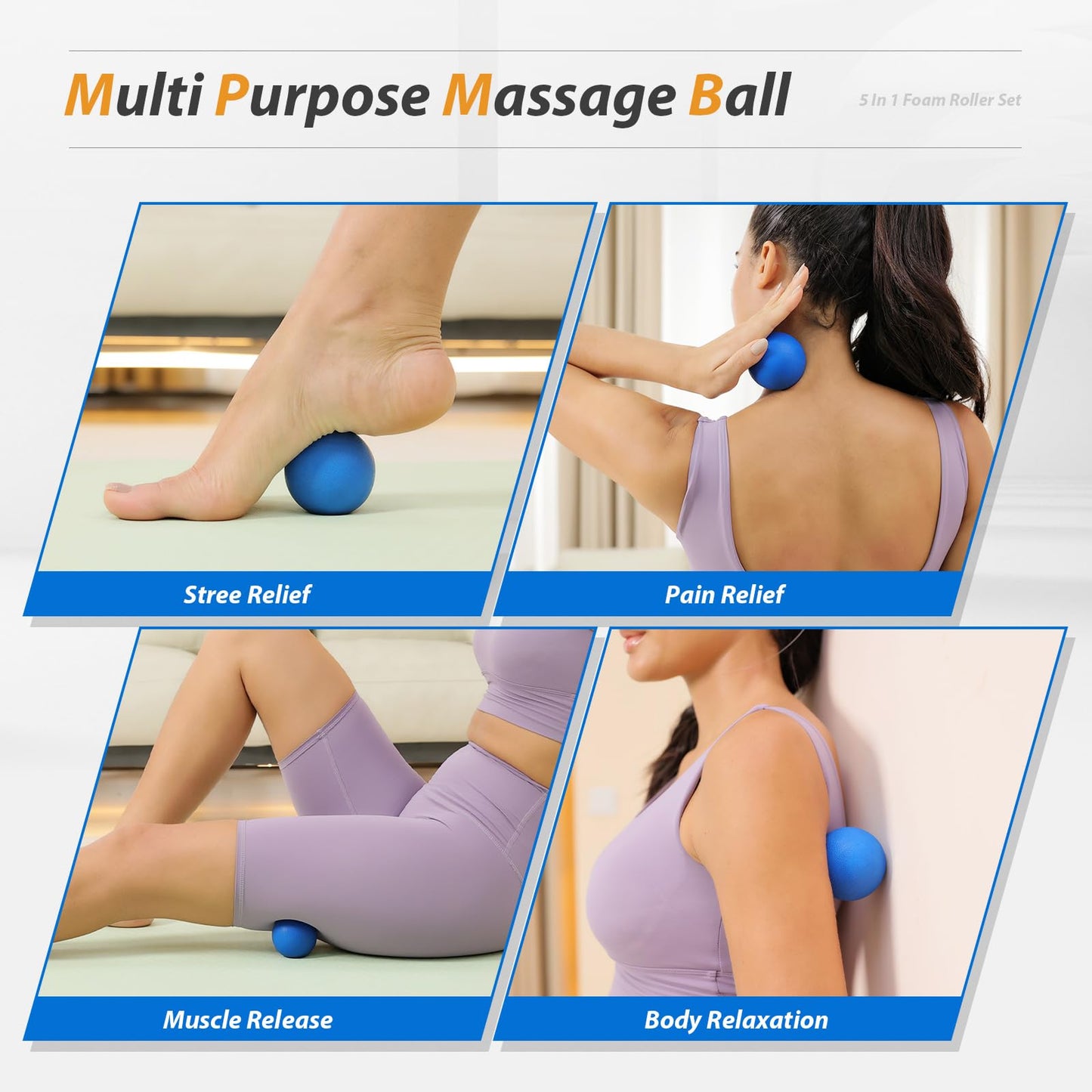 5 in1 Foam Roller Set, Trigger Point Foam Roller, Massage Roller Stick, Massage Ball, Resistance Band for Deep Muscle Massage Pilates Yoga,Fitness Exercise for Whole Body (Black-Red)