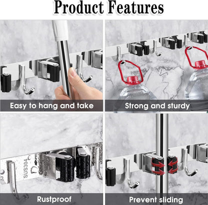 Skiennix Wall-Mounted Broom and Mop Holder - Heavy-Duty 5 Racks & 4 Hooks | Black Stainless Steel Organizer