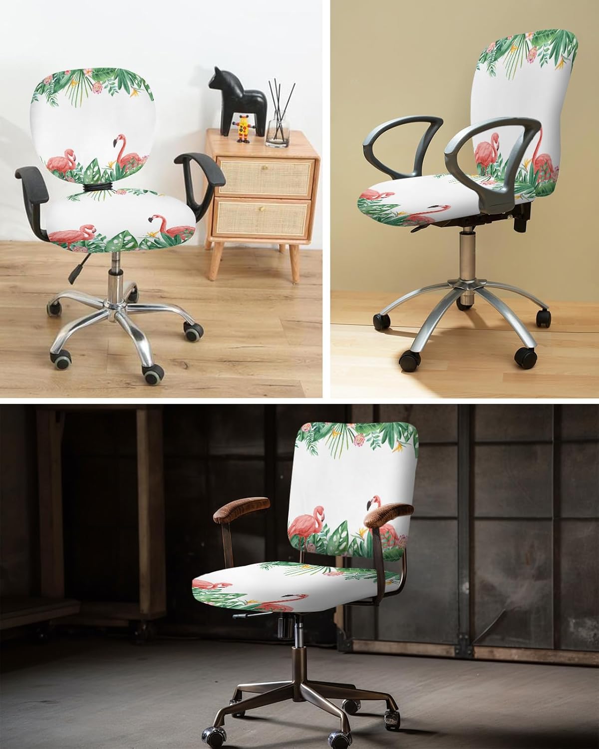Summer Flamingo Office Chair Cover, Stretchable Computer Chair Seat Cover, Green Botanical Tropical Plants Slipcovers