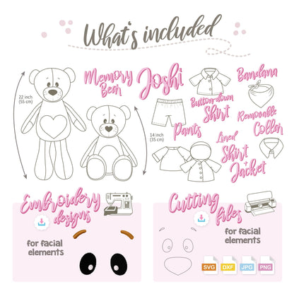 kullaloo Memory Bear Sewing Pattern – Stuffed Teddy Bear Plush Toy with Removable Collar, Shirt & Jacket | Memorial Bear Template with QR Video Tutorials, PES & SVG Files | Designed in Canada