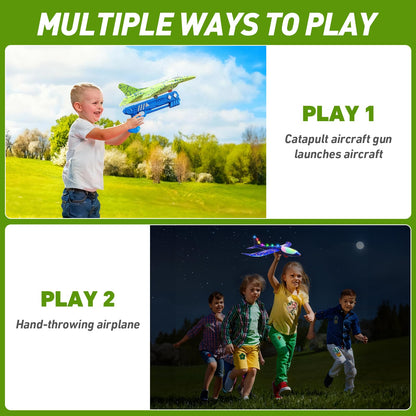 CRILARY 3 Pack Airplane Launcher Toys for Kids, 13.2'' LED Foam F-15 Fighter Jet & Glider, 2 Flight Modes Catapult Plane Outdoor Flying Toy, Easter Birthday Gifts for Boys Girls Ages 4-12