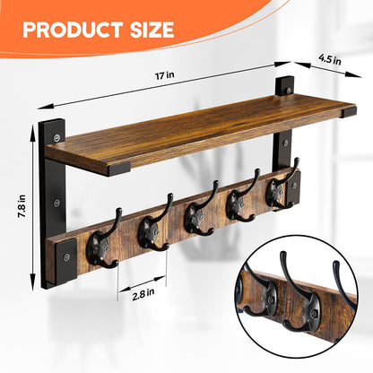 Oraich Wall Hooks with Shelf, Coat Rack Wall Mount for Coat Backpack Key Clothes Hanger, Wall Floating Shelf Hanging in Entryway, Living Room, Bathroom, Bedroom, Kitchen