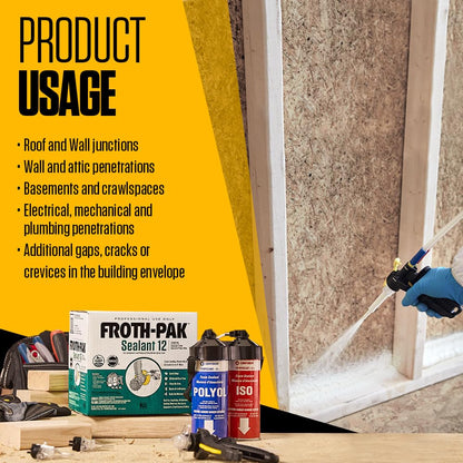 Froth-Pak 12 Spray Foam Sealant Kit, 3ft Hose, 2-Pack. Low GWP Formula. Seals Cavities, Penetrations & Gaps. Yields Up to 12 Board ft. at 2” Thick, 4” Width. Two Component, Polyurethane, Closed Cell