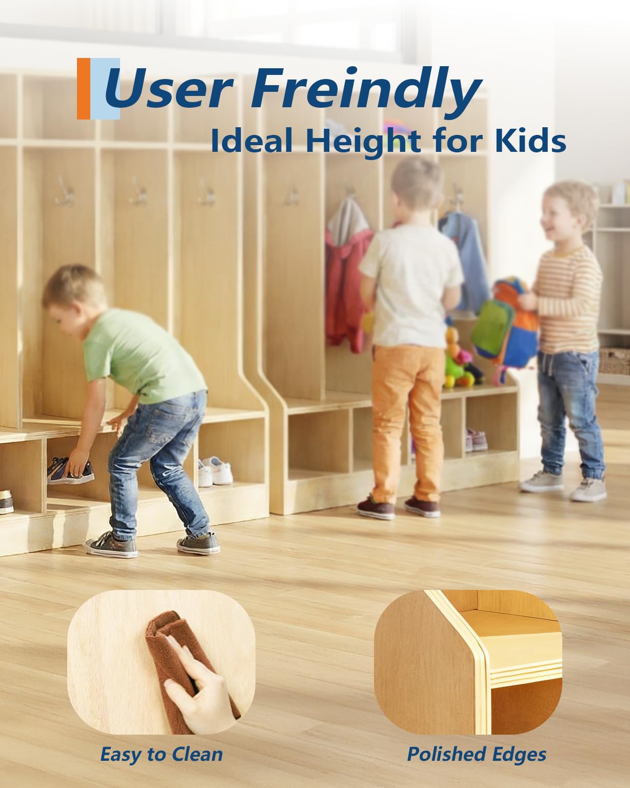 Garvee Kids Coat Locker with Bench for Classroom, Smooth Wood Surface 10 Cubbies, Daycare Cubby with 4 Hidden Casters & 10 Hooks, Cubby Storage Organizer for Nursery, Home, School