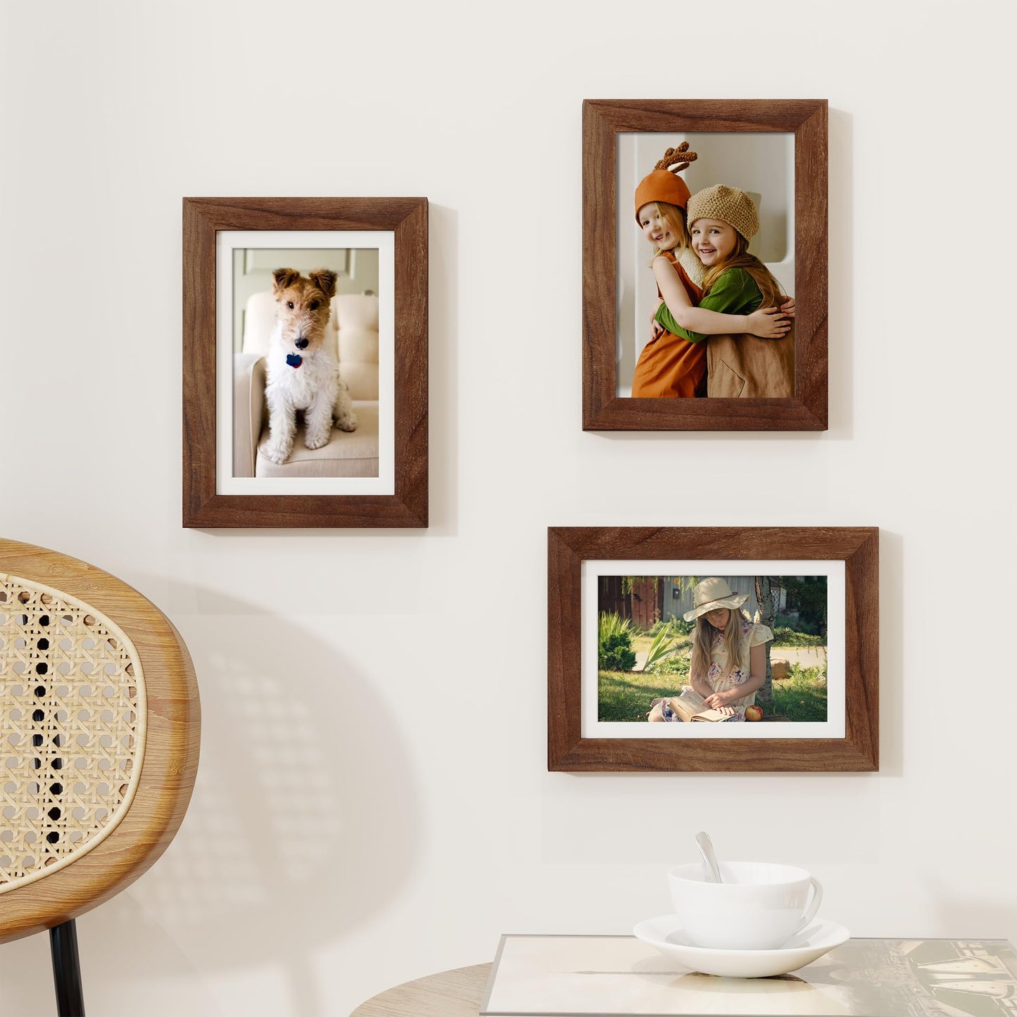 Fun Memories 5x7 Picture Frame, USA-Sourced Walnut Wood Photo Frames with HD Tempered Glass, 5 x 7 Wood Frame Matted to 4 x 6, 5 by 7 Frames for Wall & Tabletop Display, 3 Pack