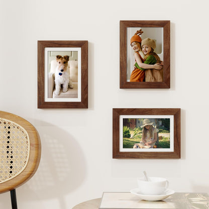 Fun Memories 5x7 Picture Frame, USA-Sourced Walnut Wood Photo Frames with HD Tempered Glass, 5 x 7 Wood Frame Matted to 4 x 6, 5 by 7 Frames for Wall & Tabletop Display, 3 Pack