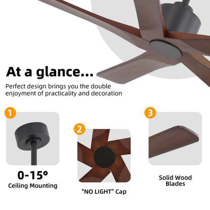 WINGBO 48" DC Ceiling Fan No Light - 5 Carved Solid Wood Blades, 6-Speed Reversible DC Motor, Ceiling Fan without Lights for Living Room Bedroom Kitchen Patio, Indoor and Outdoor, Black and Walnut