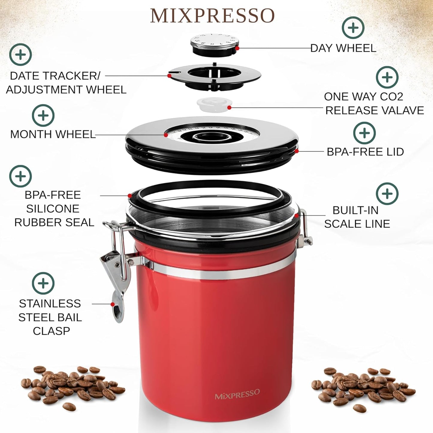 Mixpresso 16 Oz Red Coffee Canister, Stainless Steel Airtight Container with Date Tracker, Vacuum Sealed