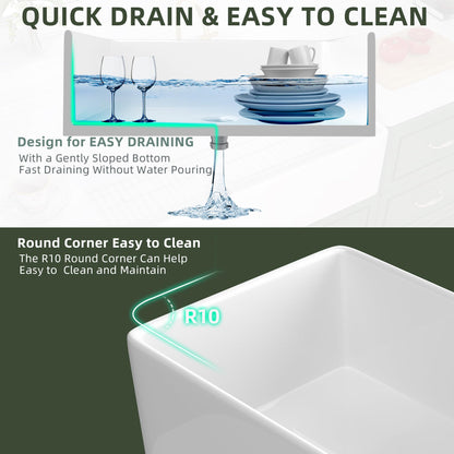 TUKTUK White Farmhouse Sink 30 inch Farm Sink Fireclay Apron Front Single Bowl Kitchen Sinks Deep Drop In Undermount Reversible Heavy Duty Easy-to-Clean Kitchen Basin with Luxury Modern Accessory Kit