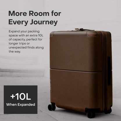 July Checked Expandable - 24.5" Airline Approved Check In Luggage with Wheels, Spinner Suitcase for Men & Women - TSA Lock Rolling Suitcase, Spinner Wheels, Expansion Zip, Y-Strap - Dark Brown