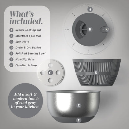 COOK WITH COLOR Stainless Steel Salad Spinner - 5 Qt. Lettuce Washer And Vegetable Spinner Dryer for Easy Salad Prep - Non Slip Base with Pull Handle - Auto Stop Brake System, Stain and Odor Resistant