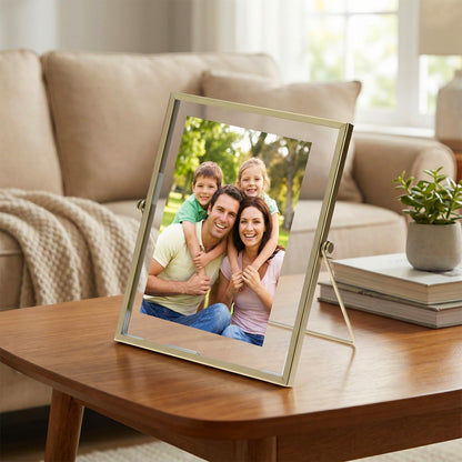 QWORK Gold Floating Picture Fram, Set of 3 Glass Double Panel Metal Frame, Includes 5x7, 4x6, 4x4, Tabletop Display for Postcards Photos Artworks