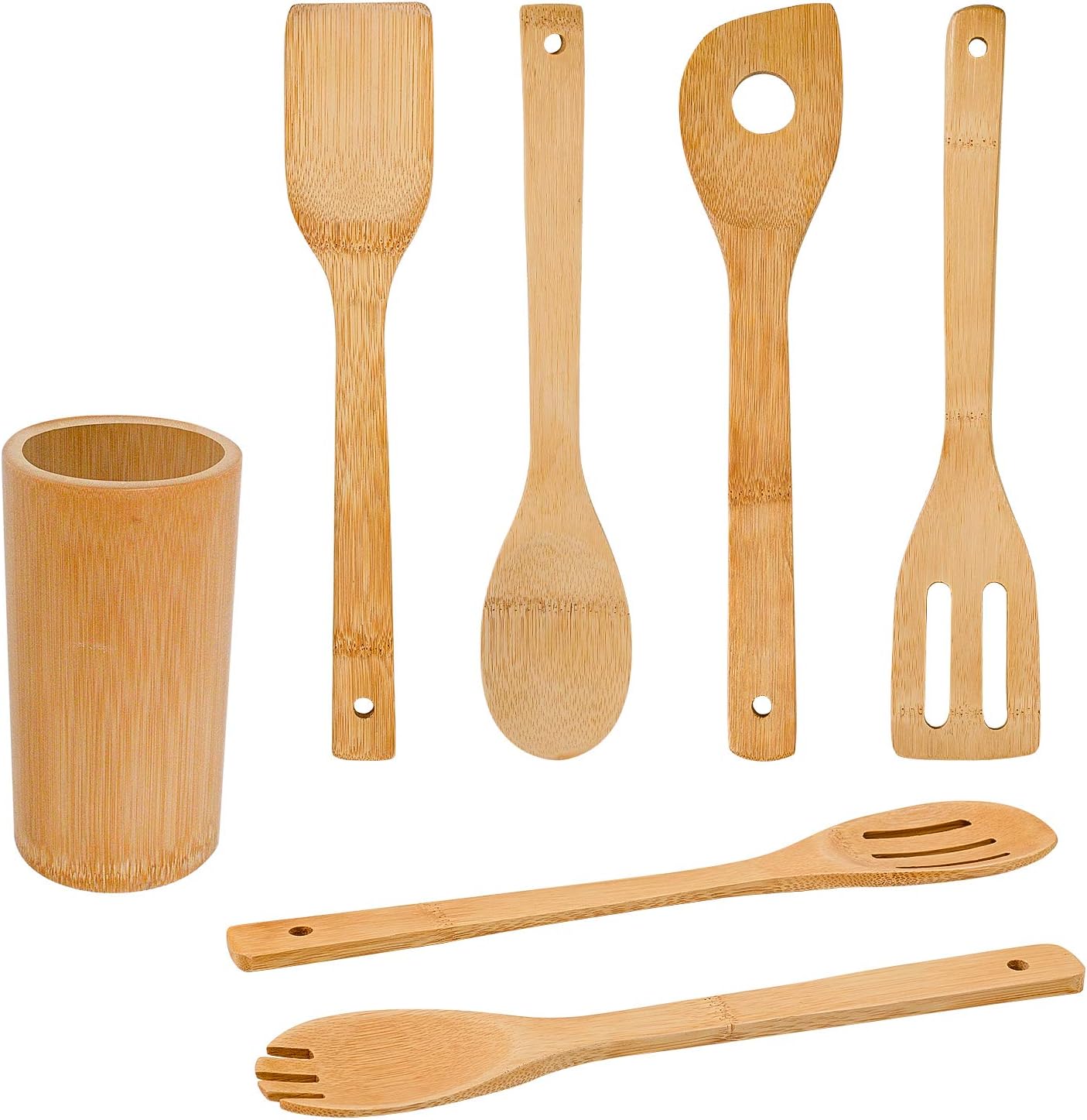 Bamboo Wooden Spoons & Spatulas Set, 6 Pieces Kitchen Cooking Utensils with 1 Holder, Heat Resistant for Non Stick