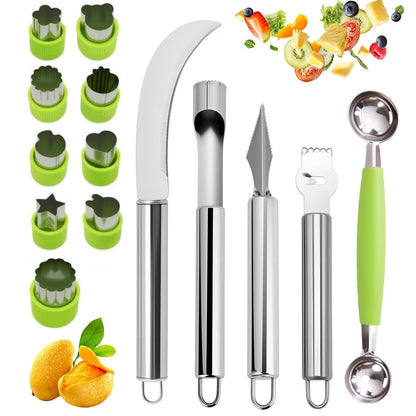 Krbnk 14PCS Fruit Carving Tools Set, Stainless Steel Melon Baller Scoop Set, Fruit Cutters Shapes, Cantaloupe Cutter Slicer Tool Piranha Spiral Cutter and V-Tool for Fruits Vegetable Sculpting