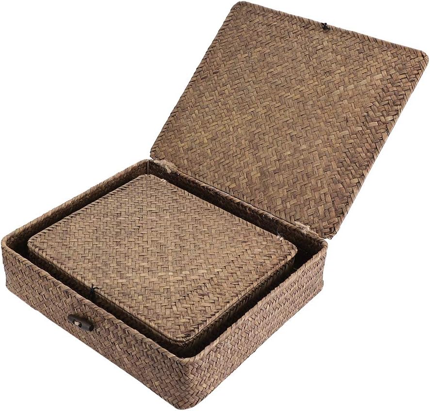 Hipiwe Set of 2 Flat Woven Wicker Storage Bins with Lid, Natural Seagrass Basket, Multipurpose Home Boxes for Shelf
