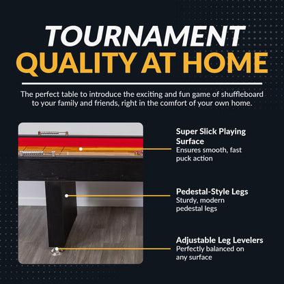 Hathaway Avenger 9 Ft Shuffleboard Table for Family Game Room – Poly-Coated Playfield, Built-in Scorer & Cabinet, Carpeted Gutters, 8 Pucks, Brush & Wax – Black Finish