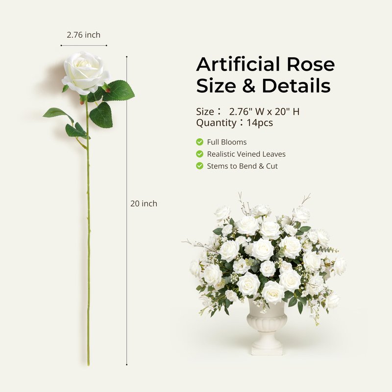 Auihiay 14PCS White Roses Artificial Flowers, Velvet Silk Faux Roses with Long Stems for Mother's Day, Wedding Centerpieces, Anniversary, Party, Home Decoration & DIY Floral Arrangement