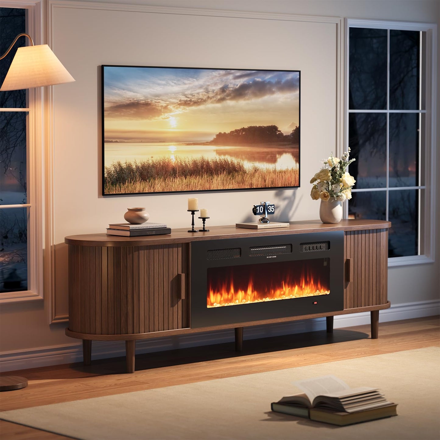 OneBlis 70" Mid Century Modern TV Stand with Fireplace, Fluted Fireplace TV Stand, Entertainment Center with Sliding Door, TV Console with Solid Wood Legs for Living Room, Walnut
