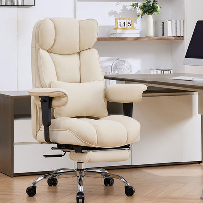 Efomao Big and Tall Office Chair with Footrest - Breathable Mesh Executive Chair, Heavy Duty Computer Desk Chair for Home Office, Ergonomic Lumbar Support & Reclining Mesh Gaming Chair, Beige