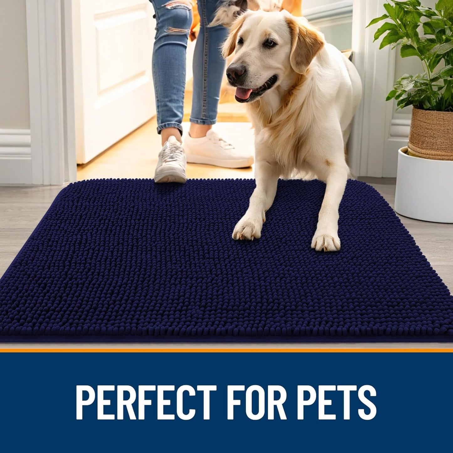 OLANLY Dog Door Mat - Absorbent Non-Slip Mud Mat for Indoor Use | 47"x20", Navy Blue, Quick Dry Chenille