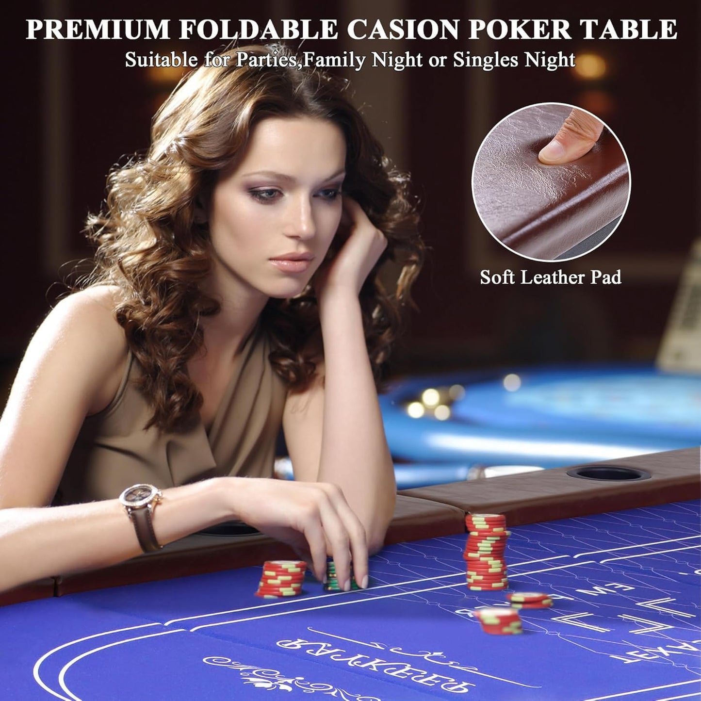 RAYKEEP Foldable Poker Table for 10 Players, 84" Folding Blackjack Texas Holdem Table, Portable Casino Leisure Card Board Game Table with Cup Holders and Padded Rails for Game Room (Brown)