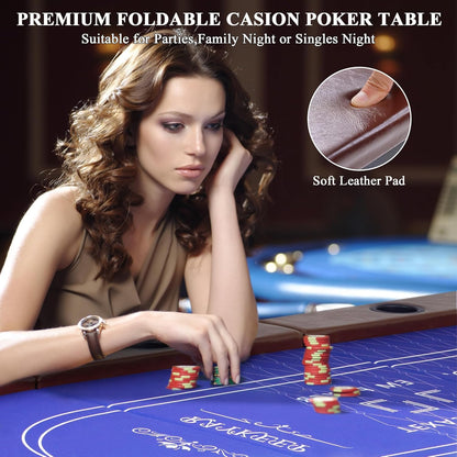 RAYKEEP Foldable Poker Table for 10 Players, 84" Folding Blackjack Texas Holdem Table, Portable Casino Leisure Card Board Game Table with Cup Holders and Padded Rails for Game Room (Brown)