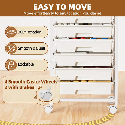 OUKMIC Rolling Storage Cart with 8 Drawers, Utility Cart with Wooden Tabletop and Lockable Wheels, Movable Craft Cart, Craft Storage Organizer for Living Room, Bedroom, Classroom, Office, White