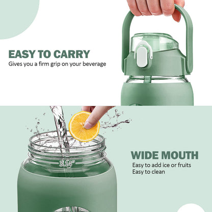 kytffu 64oz Glass Water Bottles with Straw, Half Gallon Motivational Glass Bottle with Silicone Sleeve and Time Marker, 2L Leakproof Large Glass Water Jug for Gym Home Office,olive