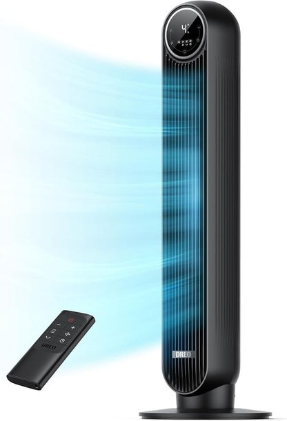 DREO Bladeless Tower Fan - Ultra Quiet 20dB with 8 Speeds & 90° Oscillation | High Velocity 28ft/s, Remote Control, Black