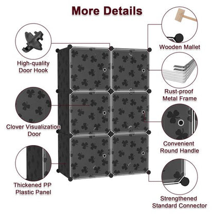 C&AHOME Cube Storage Organizer with Doors, 6-Cube Shelves, DIY Plastic Modular Bookshelf, Closet Clothes Storage Shelving Ideal for Bedroom, Living Room, Clover Embossed, Black