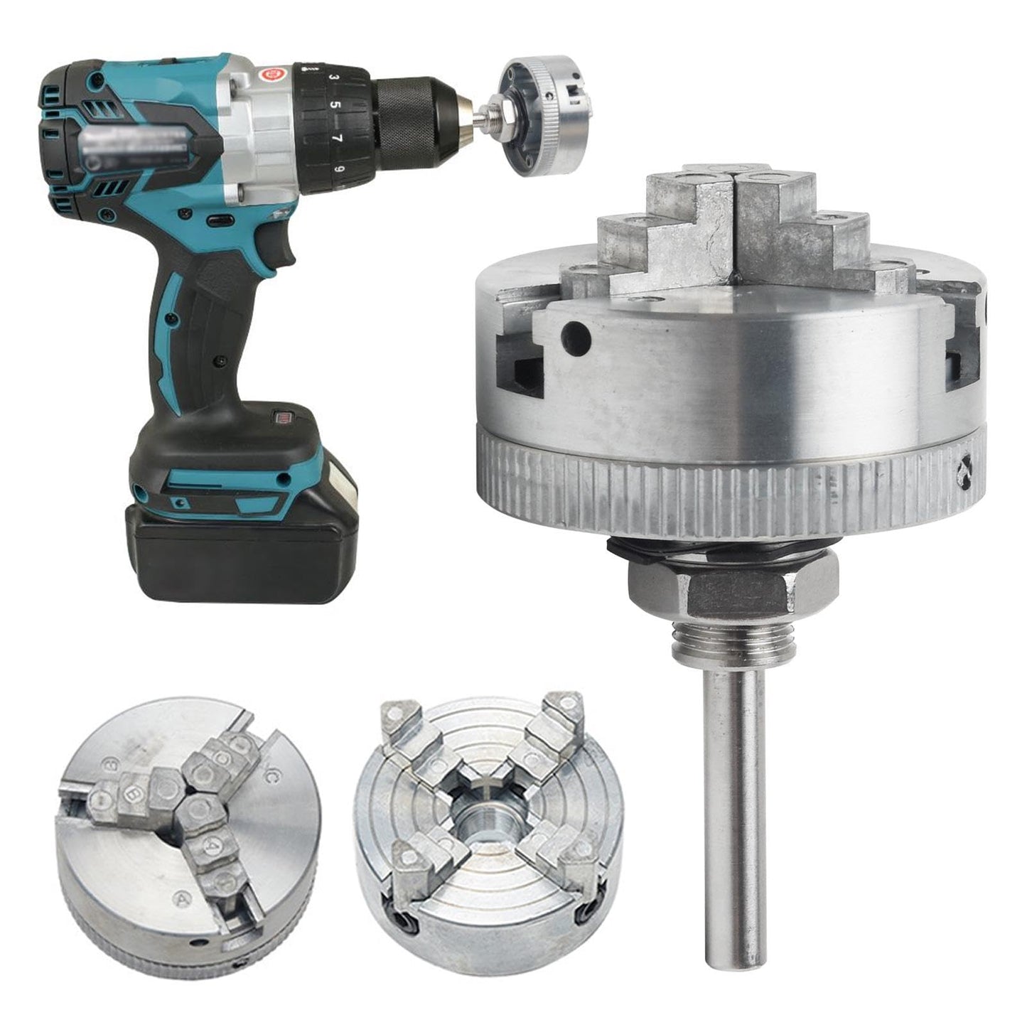Z011 4-Jaw Lathe Chuck, Mini Lathe Chuck with Connecting Rod and Wrench, Self Centering Wood Turning Chucks, Power Lathes Accessory