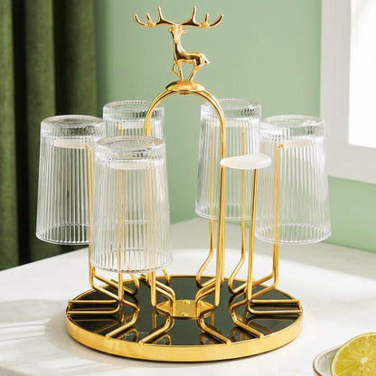 Pumtus Rotating Cup Drying Rack Stand, 6 Cups Drinking Glass Holder, Non-Slip Steel Mug Drainer Organizer, Glass Cup Stand with Silicone Protective Hooks, Tumbler Dryer Tree for Kitchen, Countertop