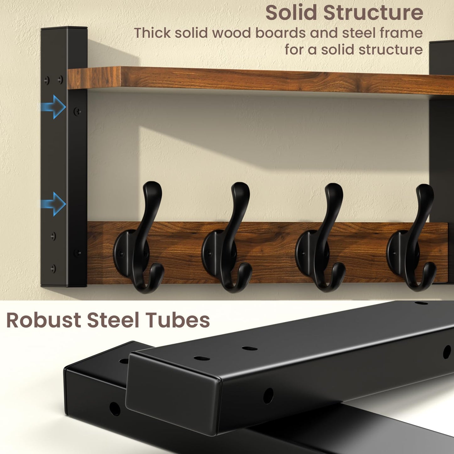 29'' Rustic Coat Rack Wall Mount with Shelf, Solid Wood Coat and Key Hanger with 11 Metal Hooks, Farmhouse Wall Organizer for Mail, Entryway Wall Hangers for Hats, Clothes, Backpacks, Mudroom