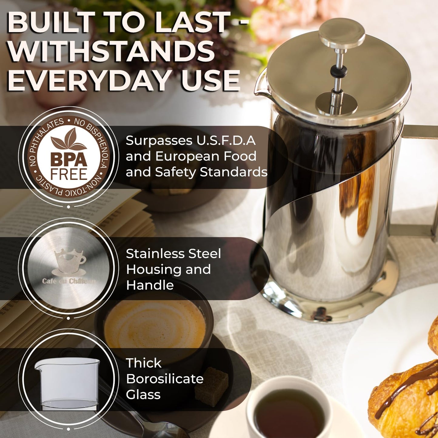 Cafe Du Chateau Stainless Steel French Press Coffee Maker 34 oz - Easy to Use Insulated Coffee Press with 4-Level Filtration, Manual Brewer for Tea, Camping & Travel with BPA Free, Durable Clear Glass