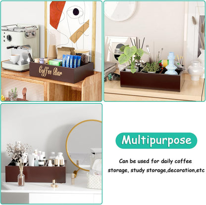 Coffee Station Organizer for Countertop - Wooden Coffee Bar with Removable Dividers, Farmhouse Coffee Pod Holder Basket