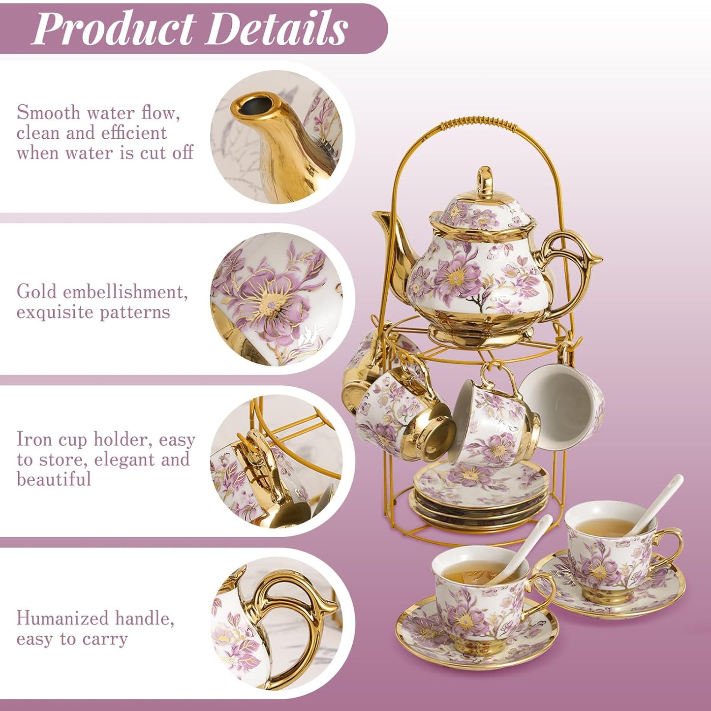 20 Set Sets Set Set Pcs Porcelain Tea with Metal Holder European Flower Tea for Adults, Ceramic Tea Party European